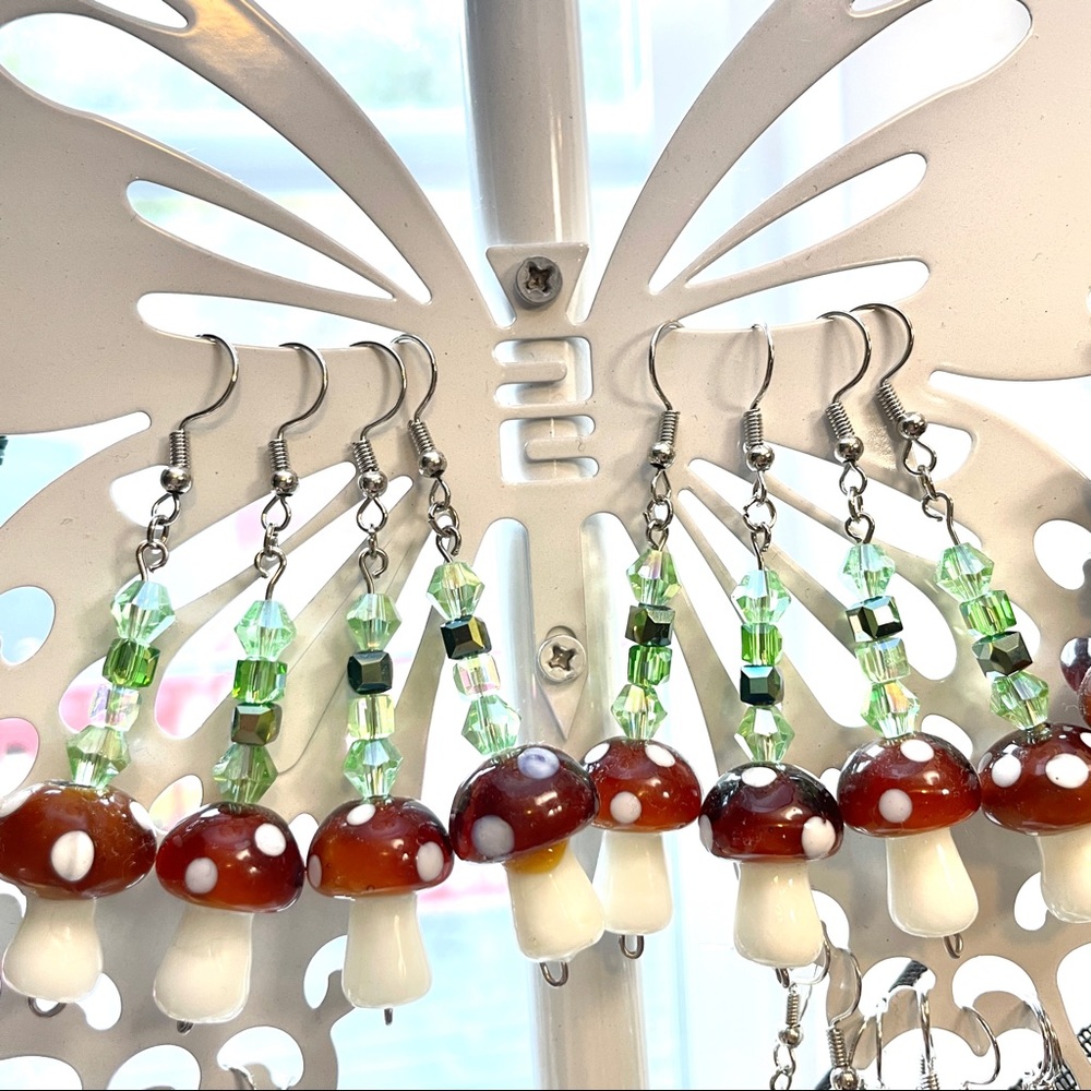 Green Gem Mushroom Drop Earrings